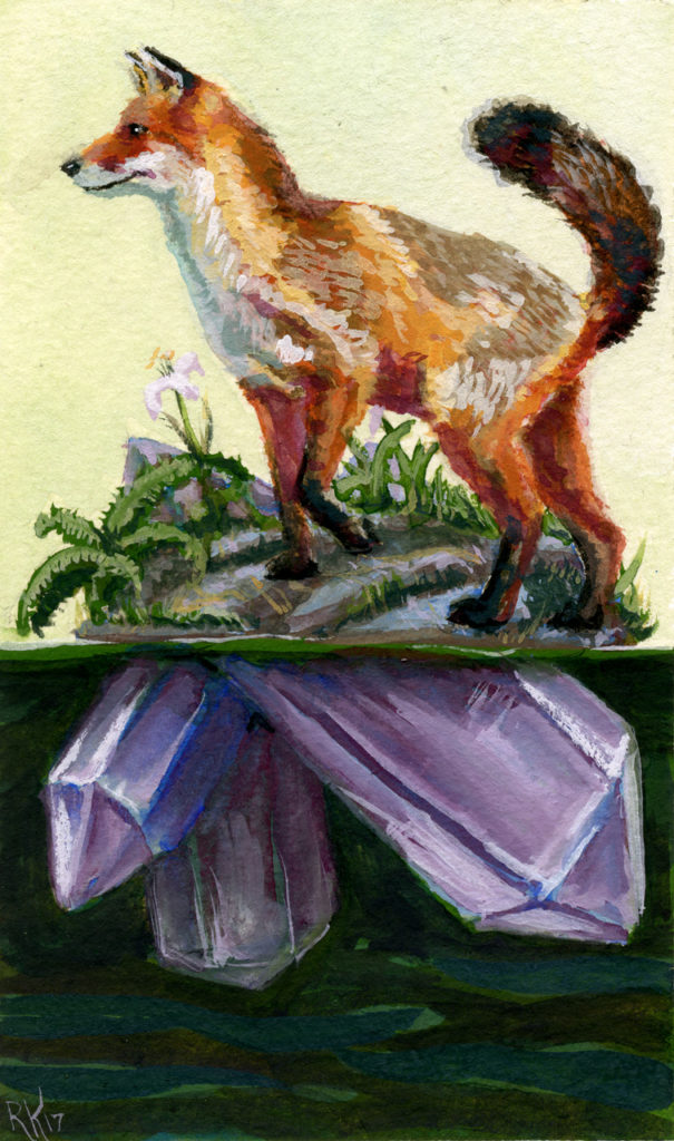 A red fox perches on top of a small stony island, which turns into amethyst pillars below the dark water.