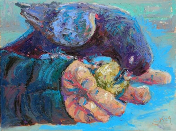 oil pastel bird in the hand