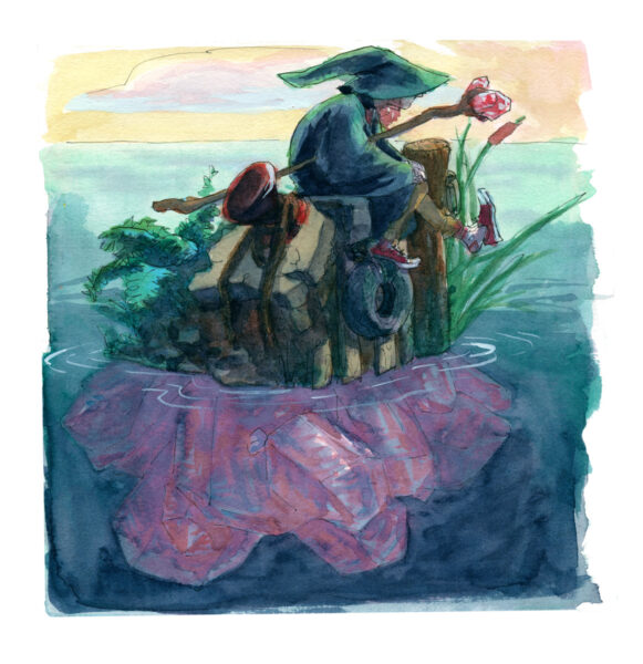 little crystal island with a little wizard