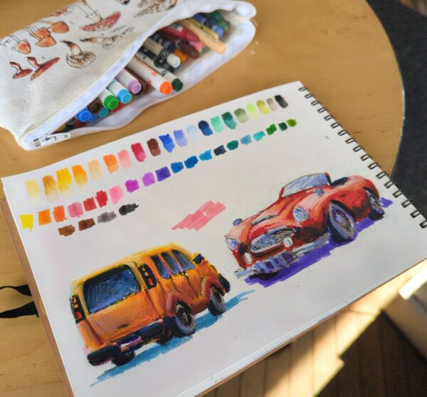 Sketching cars with markers and neocolor iis