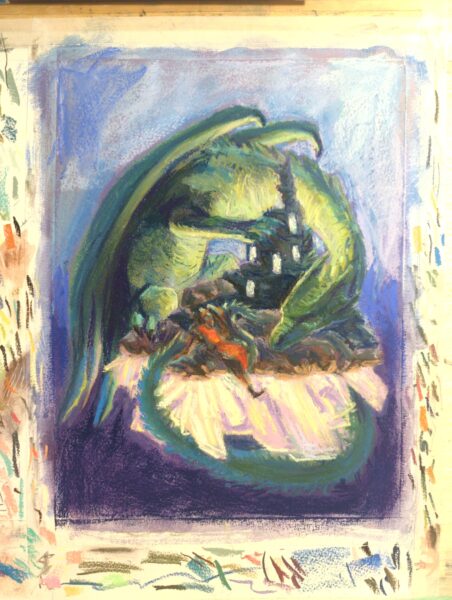 chalk pastel dragon island WIP – now with more details!
