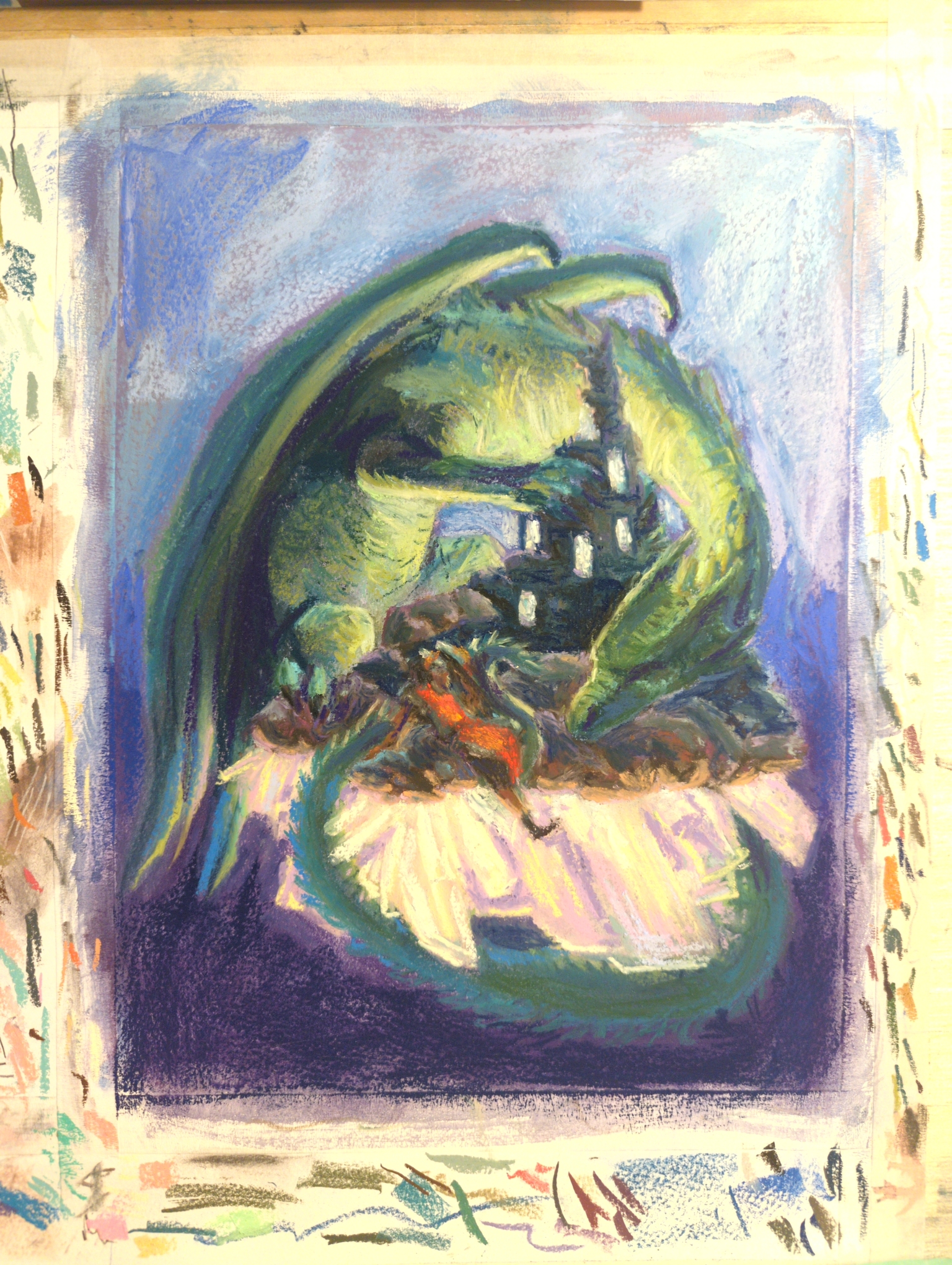 chalk pastel dragon island WIP – now with more details!