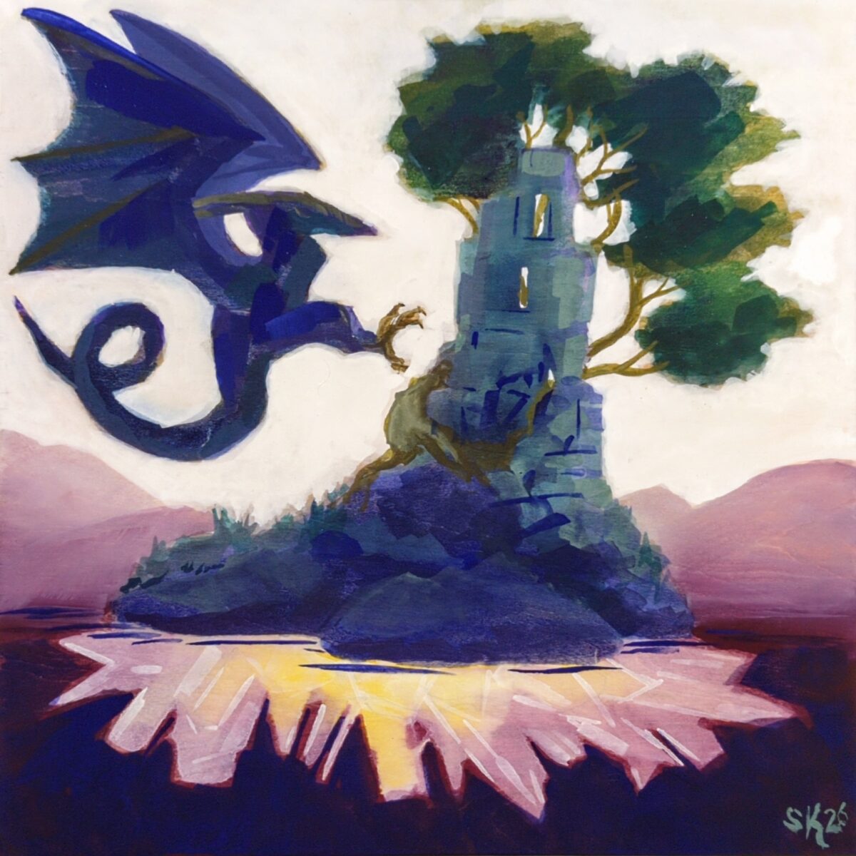 Dragon Crystal Island on Wood Panel